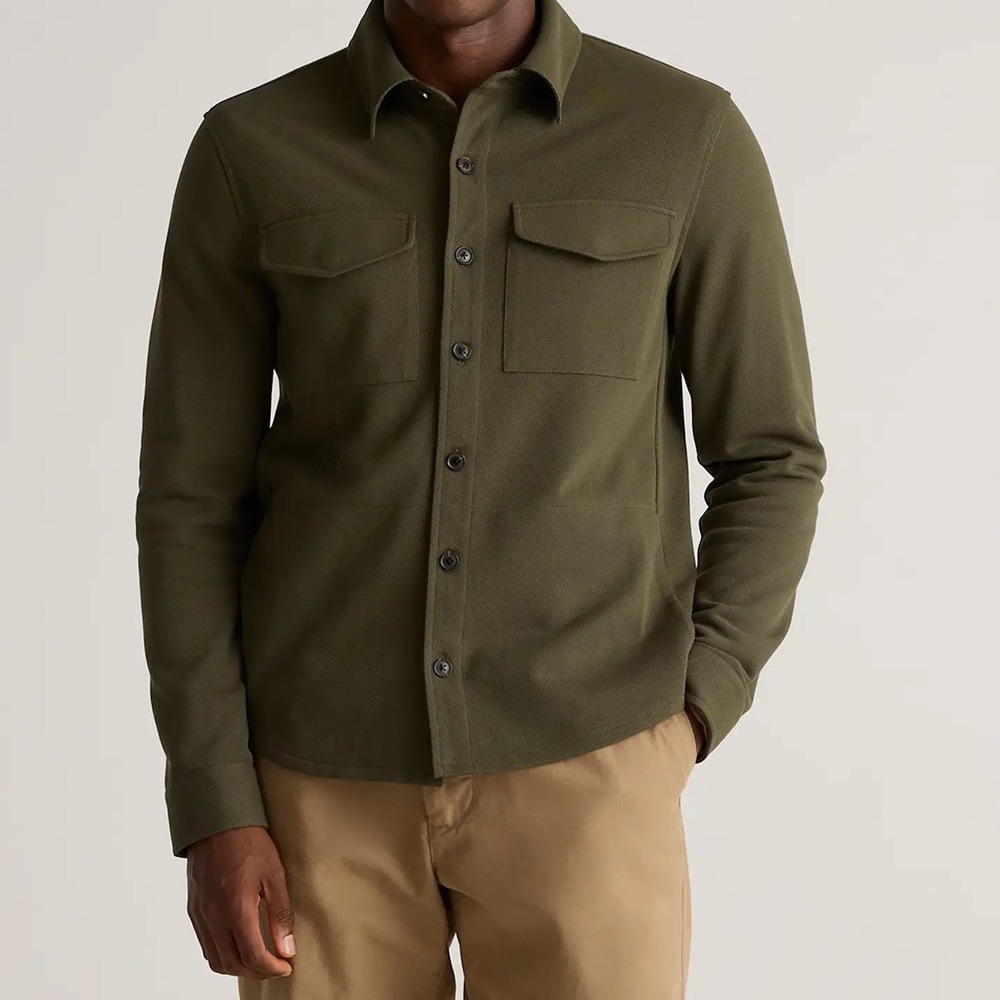 NWT Quince Cotton Pique Knit Overshirt Olive Green Button Front Shacket - Medium